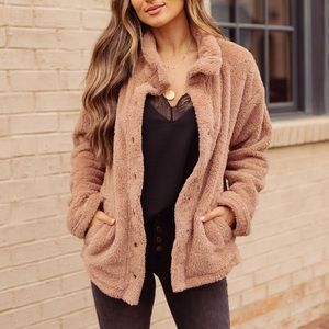 Women's High Neck Sherpa Button Down Jacket - S